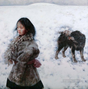 チベット Painting - 少女と犬 AX チベット